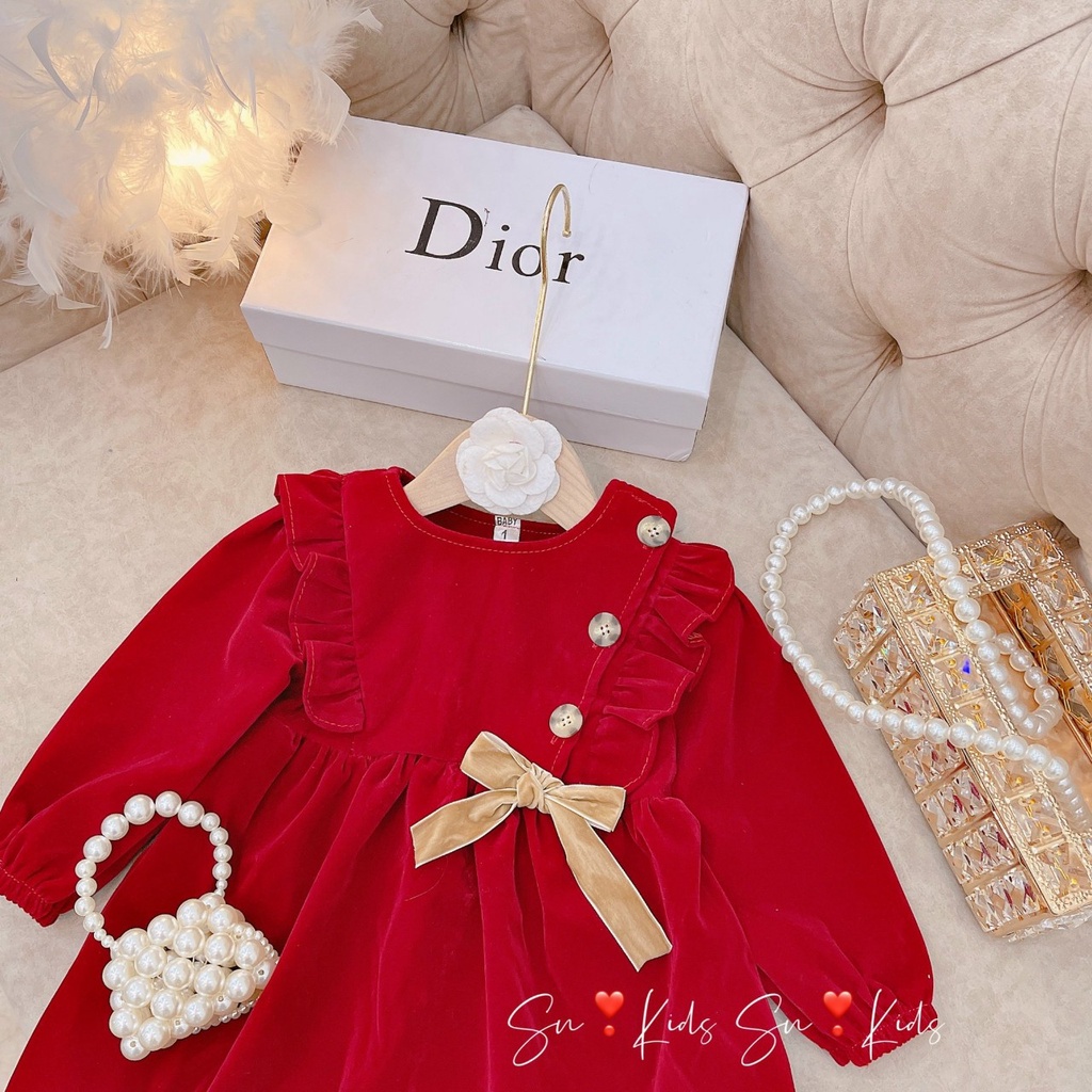 Váy nhung babydoll thắt nơ xinh xắn cho bé gái 8- 15kg