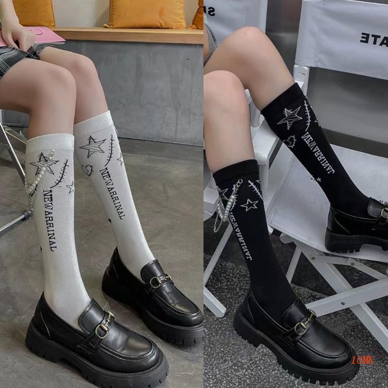 Tất Bắp Chân In Chữ Gothic Đính Ngọc Trai Đen Trắng 10MK Cho Nữ