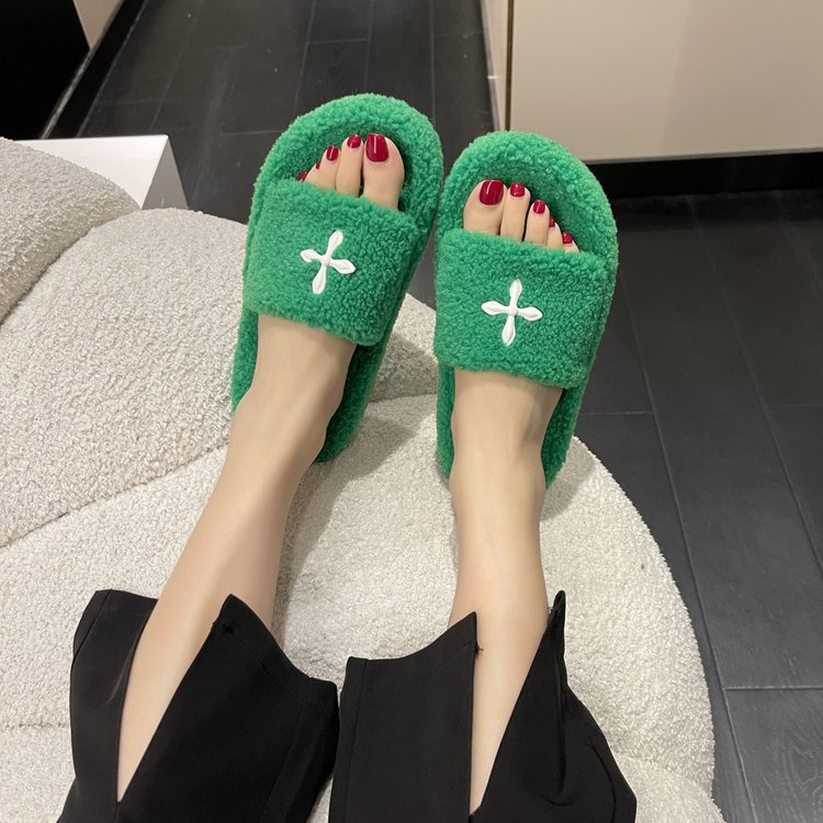 Dép Bông Đế Phẳng Hở Ngón Phối Màu Sắc Tương Phản Thời Trang Thu Đông Phong Cách Ulzzang Mới