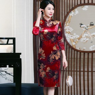 Thời trang trung niên❉▦Váy sườn xám của các bà mẹ nữ xuân thu 2020 mới cho người trung niên và cao tuổi tay áo