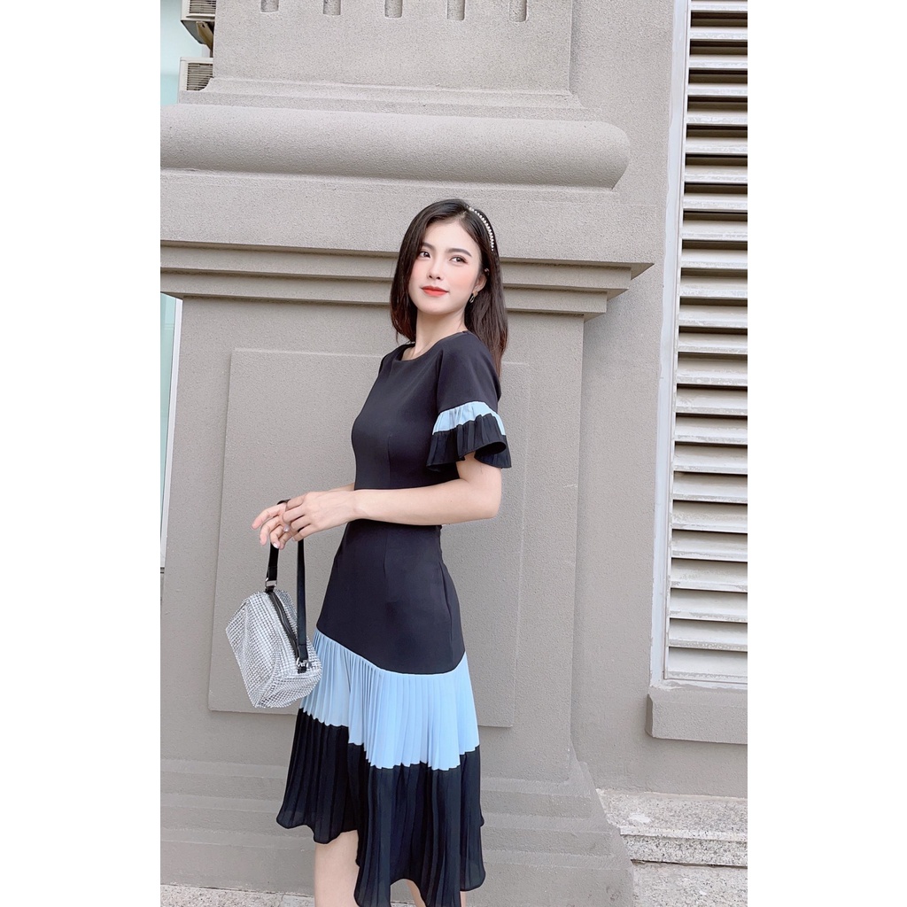 Đầm Công Sở Phối Màu Váy Dập Ly AKARA  K121 Tay Xòe Dập Ly Phù Hợp Đi Làm Dạo Phố Dự Tiệc Full Size | BigBuy360 - bigbuy360.vn