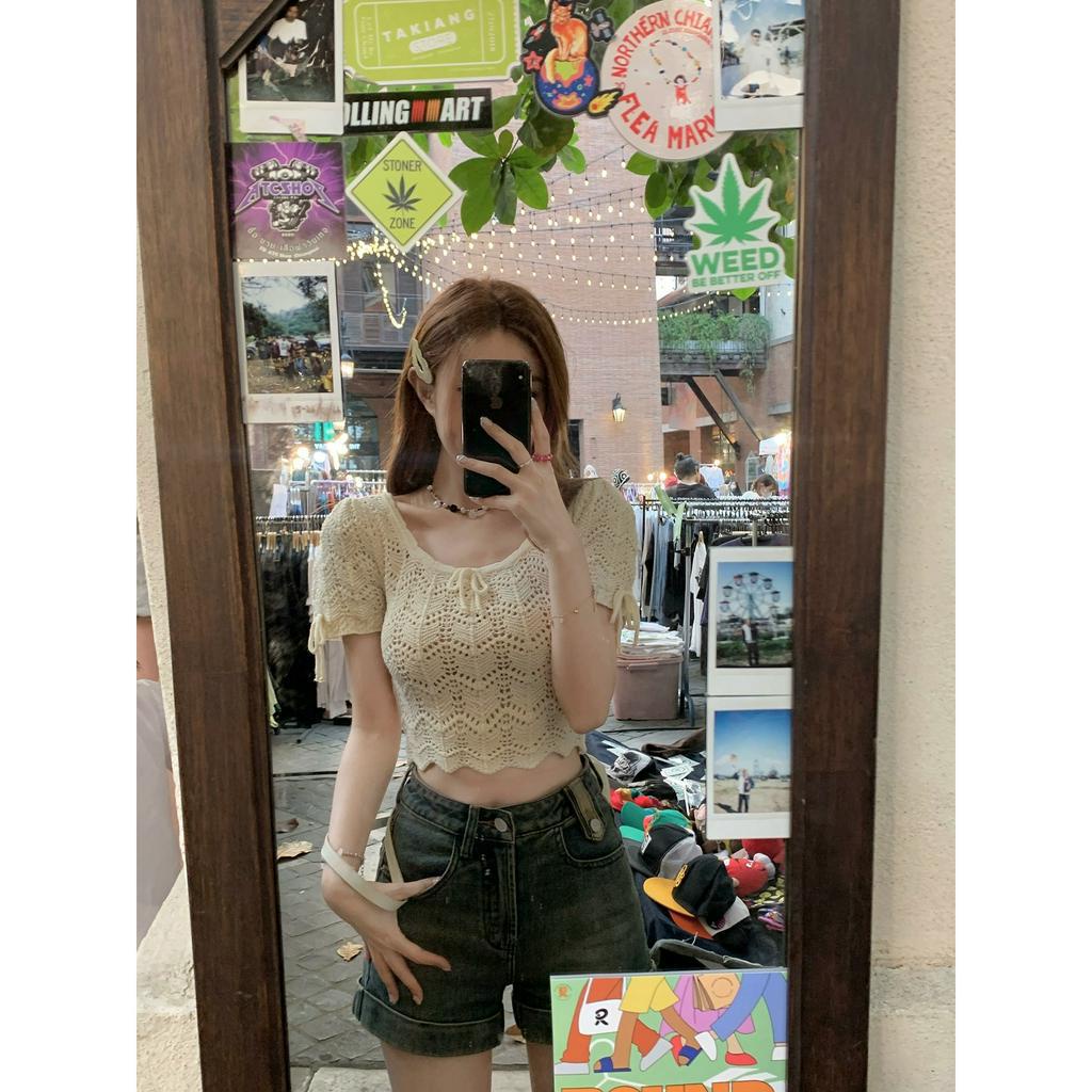 qkoole   Áo Dệt Kim Tay Ngắn Cổ Vuông Dáng Ôm Thời Trang Mùa Hè Xinh Xắn Cho Nữ