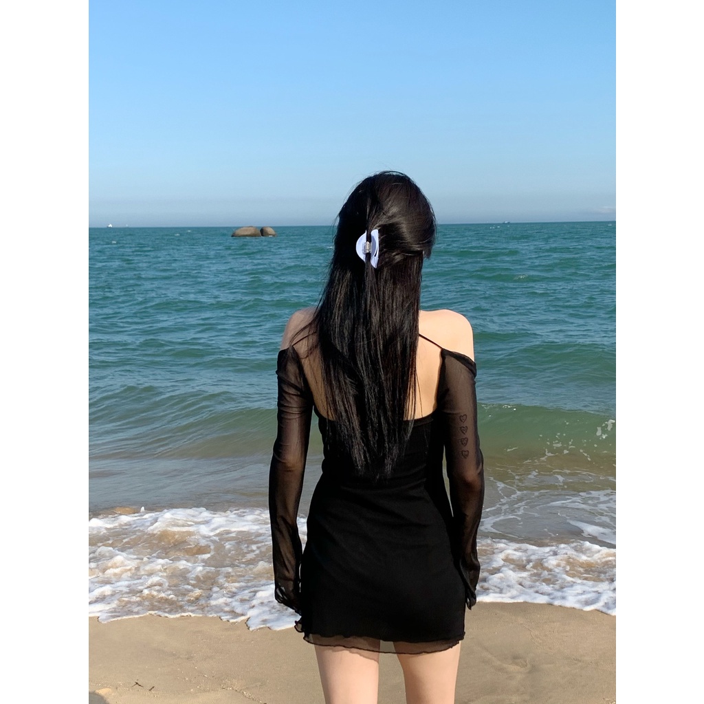 Đầm body đen thun phối lưới trễ vai kèm ảnh thật