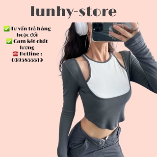 Áo croptop nữ lót giả yếm kèm áo croptop tay dài thun gân dày chất lượng ulzzang
