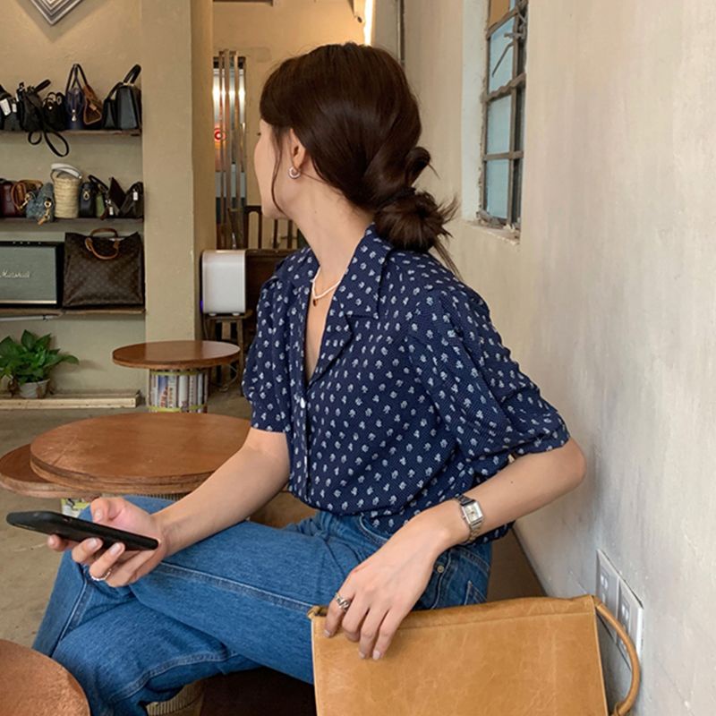 SUXI Áo Sơ Mi Tay Ngắn Phồng Cổ Chữ V Họa Tiết Chấm Bi Thời Trang Mùa Hè Cho Nữ