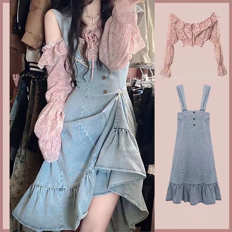 Bộ Áo Sơ Mi Tay Dài Trễ Vai In Họa Tiết Hoa + Chân Váy Yếm Denim Phong Cách Hàn Quốc Thời Trang