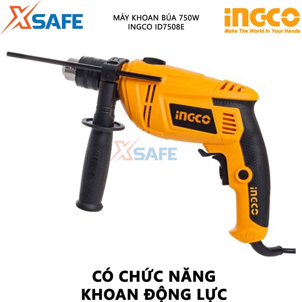 Máy khoan búa cầm tay 13mm INGCO ID7508E công suất 750w, tốc độ 3000rpm có chỉnh tốc đảo chiều, chức năng khoan động lực