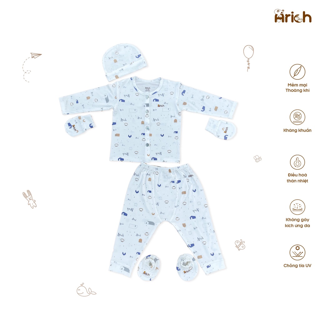 Bộ sơ sinh Arich cho bé gồm: áo quần - 1 đôi bao tay - 1 đôi bao chân - 1 nón