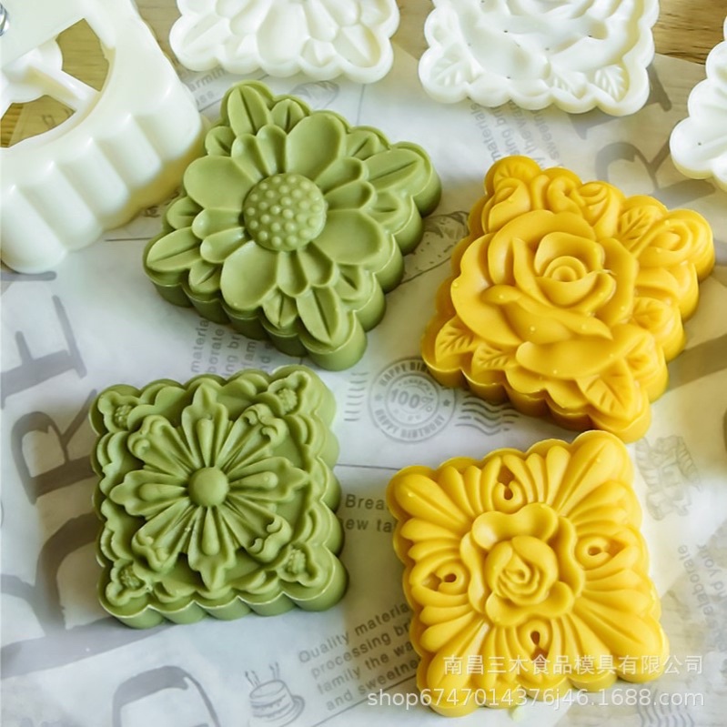 [Mẫu mới 2022] Khuôn trung thu lò xo 4 mặt hoa vuông