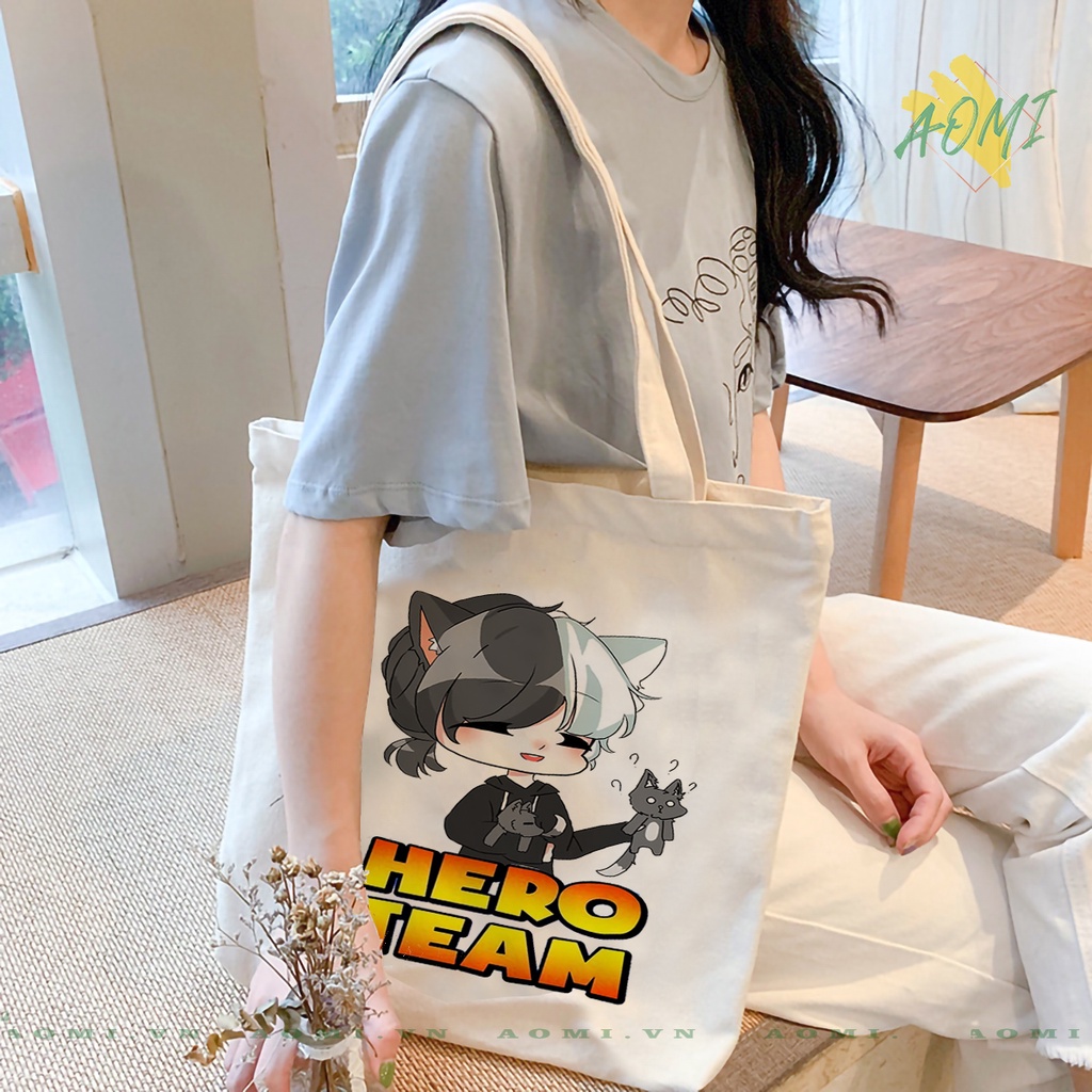 TOTE CANVAS HERO TEAM SIMMY SAMMY SIRO TIMMY KAMUI TÚI VẢI ĐEO VAI BAG KHÓA KÉO SIZE LỚN 33x38cm AOMIVN DU LỊCH DẠO PHỐ