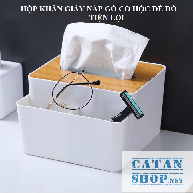 Hộp Đựng Giấy Ăn Để Bàn nắp gỗ Có Ngăn Để Đồ Đa Năng, Hộp Khăn Giấy Nắp Gỗ kèm khay để đồ tiện dụng