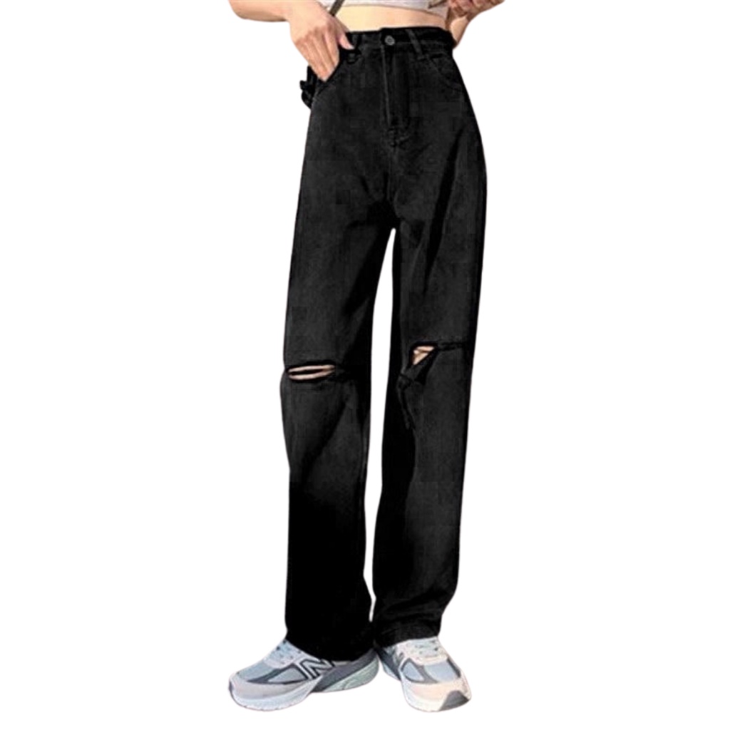 Quần jean nữ VN CLO ống rộng rách - QJ077 đen