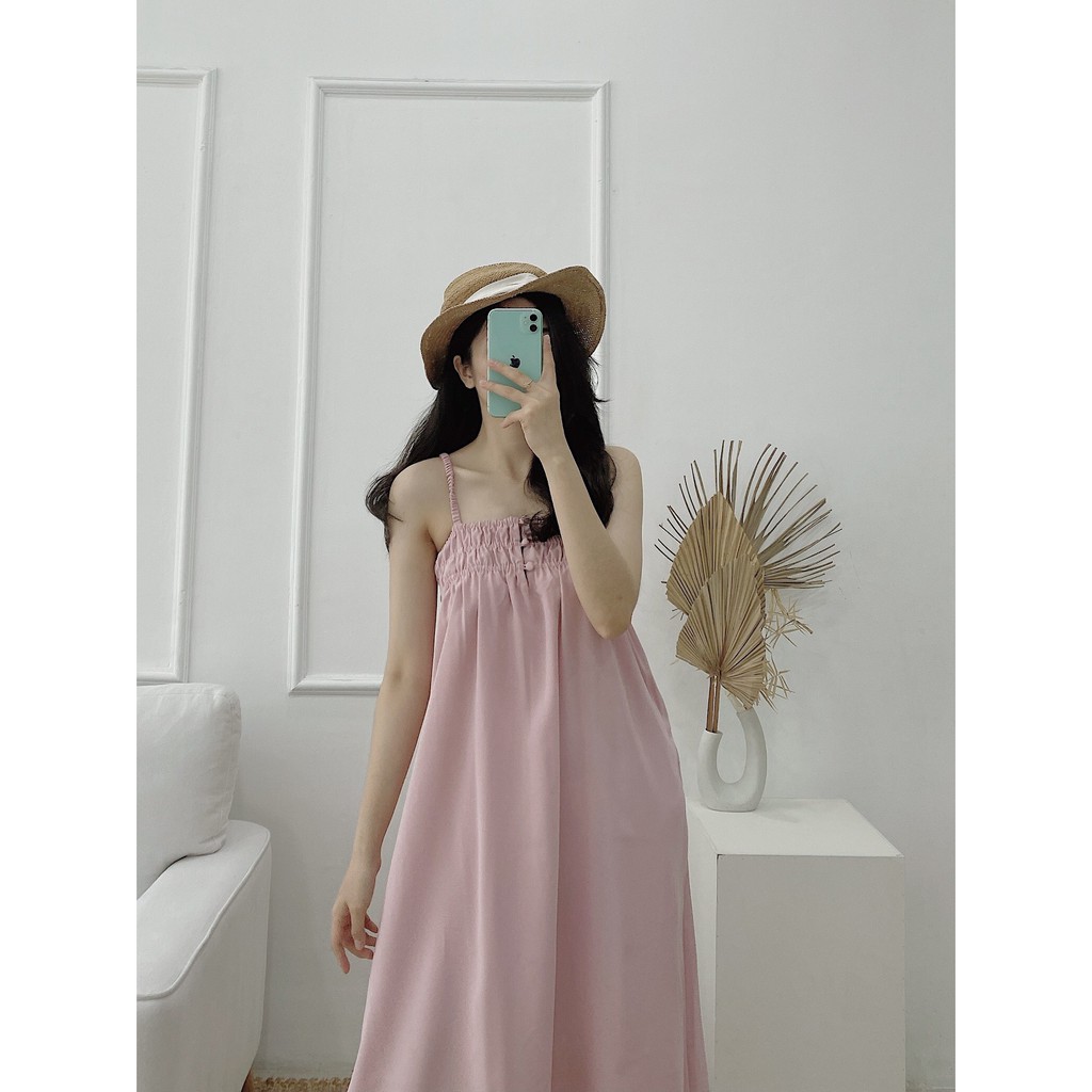 YU CHERRY | Đầm hai dây chất vải cát mịn cách điệu thun ngực Cami Long Dress YD125