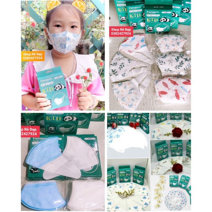 combo 5 hộp khẩu trang y tế trẻ em 5D quai vải, mỗi hộp 10 cái. Có nhiều màu và hình, được mix màu. hãng Nam Anh famapro
