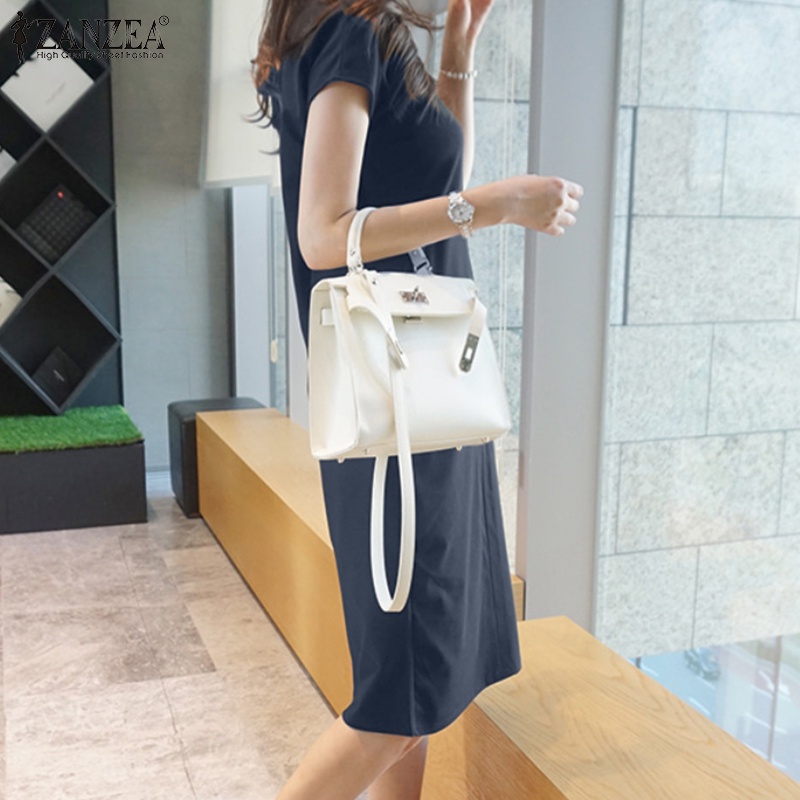 Đầm midi ZANZEA vải cotton màu trơn cổ chữ V thời trang cho nữ