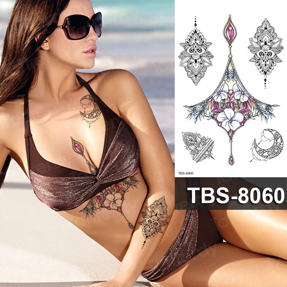 Vòng Đeo Tay Hình Xăm Giả Bằng Ren Hoa Sen Màu Đen Gợi Cảm Cho Nữ