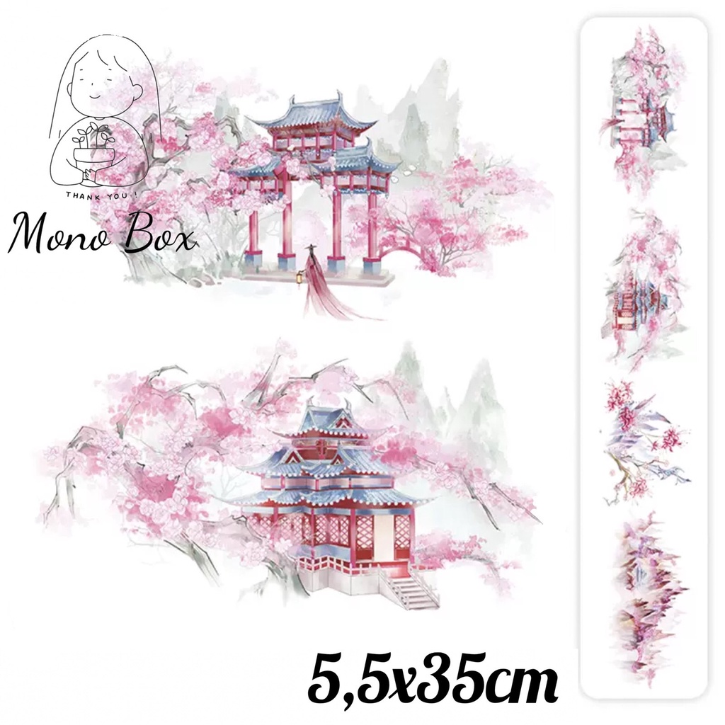 [Chiết] Đoạn Washi tape 5,5x35cm, băng keo dán trang trí họa tiết cảnh vật cổ phong làm tranh washi Mono_box