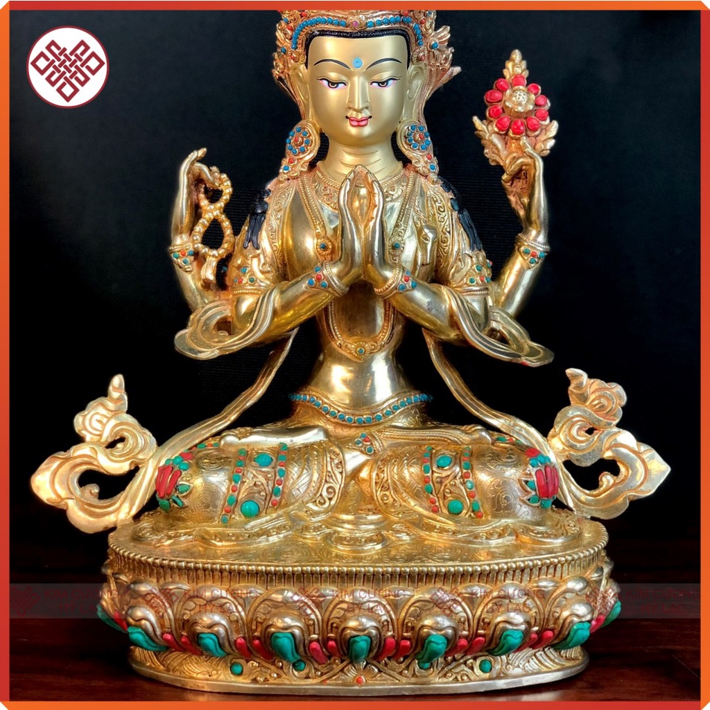 Tượng Phật Quan Âm Tứ Thủ Mật Tông [Kim Cương Hỷ Lạc] Nepal Cẩn Đá 33Cm