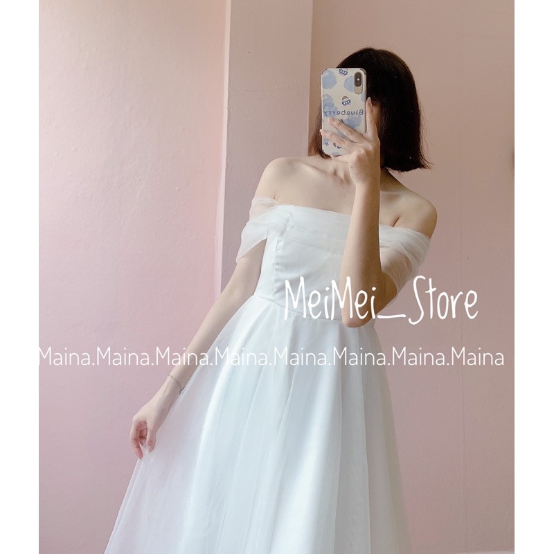 Đầm/váy công chúa midi trắng dự tiệc hàng chuẩn loại 1, bốn lớp bồng bềnh có ảnh thật Maina