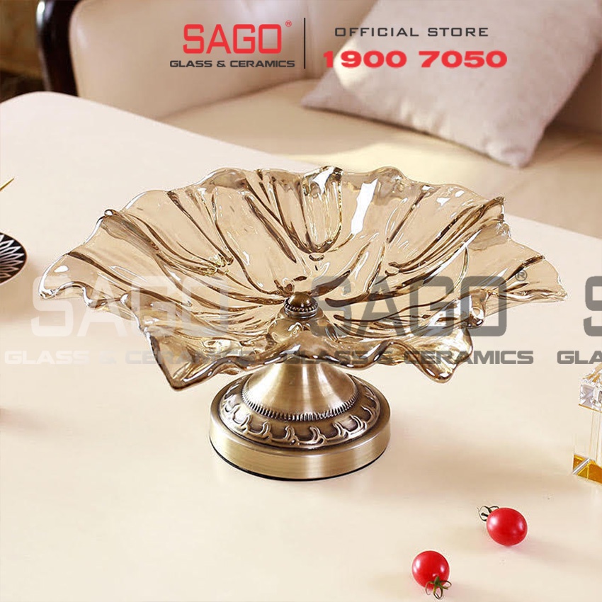 Đĩa Thủy Tinh Trái Cây Có Chân Mạ Đồng Họa Tiết Hoa Tulip Cao Cấp | Tùy Chọn Size