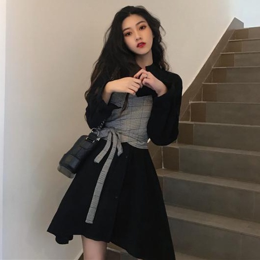 Đầm Tay Dài Giả Hai Mảnh Thắt Dây Eo Họa Tiết Kẻ Ô Vuông Thời Trang 2022 Mới Dành Cho Bạn Nữ