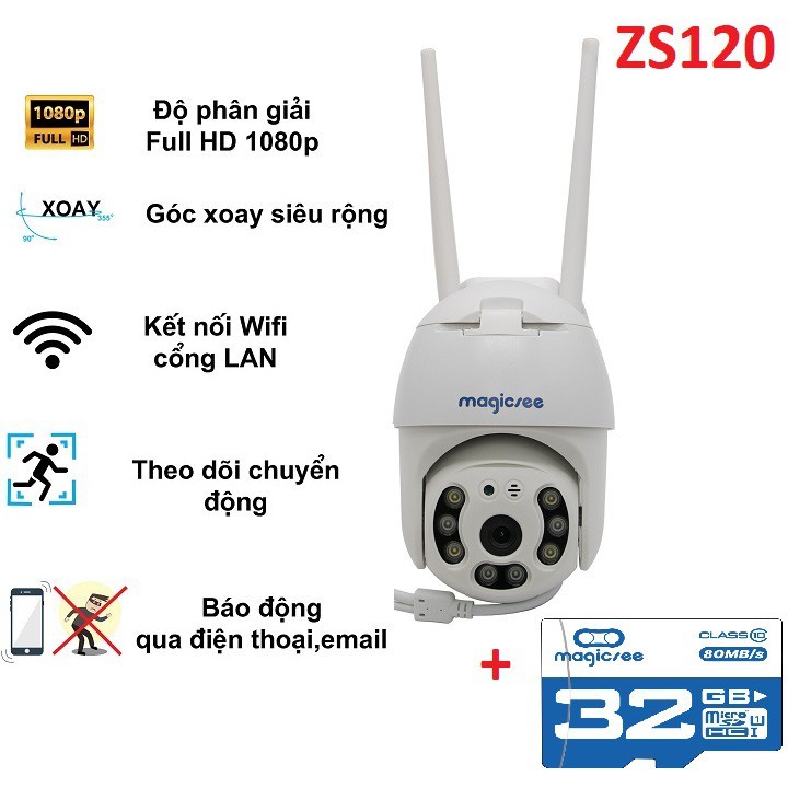 Camera IP Wifi Giám Sát Ngoài Trời Magicsee ZS120 Xoay 360 độ - Độ Phân Giải Full HD1080 - Chống nước IP68