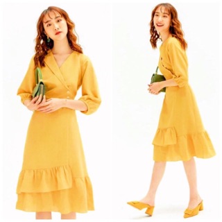 Đầm midi vàng tầng tùng nhúng bèo (kèm hình thật)