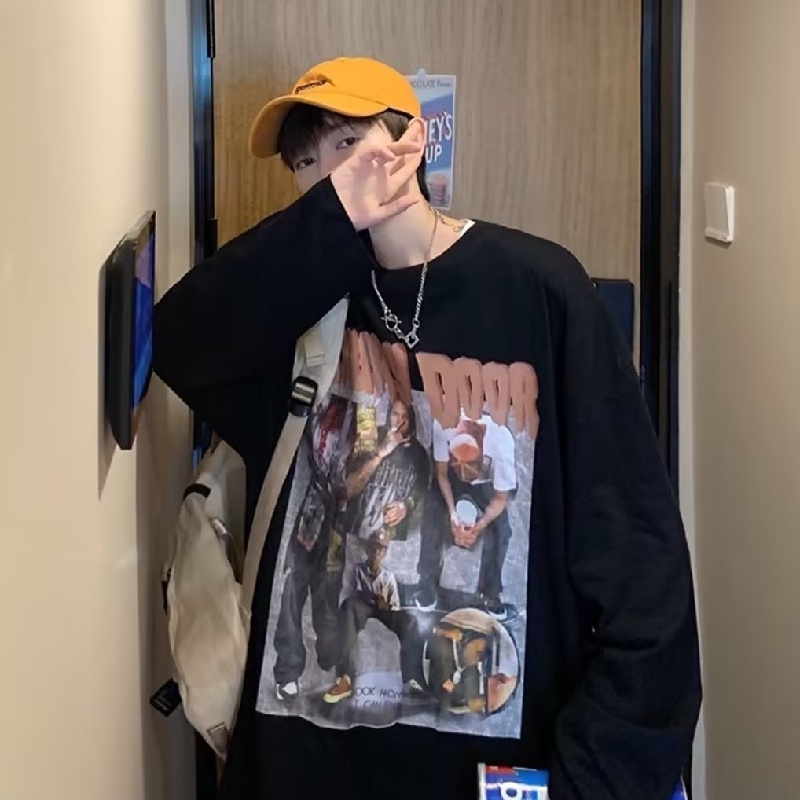 Áo Thun Tay Dài Cổ Tròn Dáng Rộng In Chữ Phong Cách Hip Hop Hàn Quốc Thời Trang Cho Nam Size M-5XL