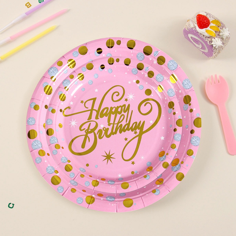 Bộ dụng cụ bàn ăn màu hồng dùng một lần trang trí tiệc sinh nhật