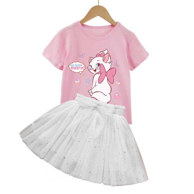 Set 2 Món Áo Thun Cotton Mỏng Màu Kẹo Ngọt In Hình Mèo Marie Thời Trang Cho Bé Gái