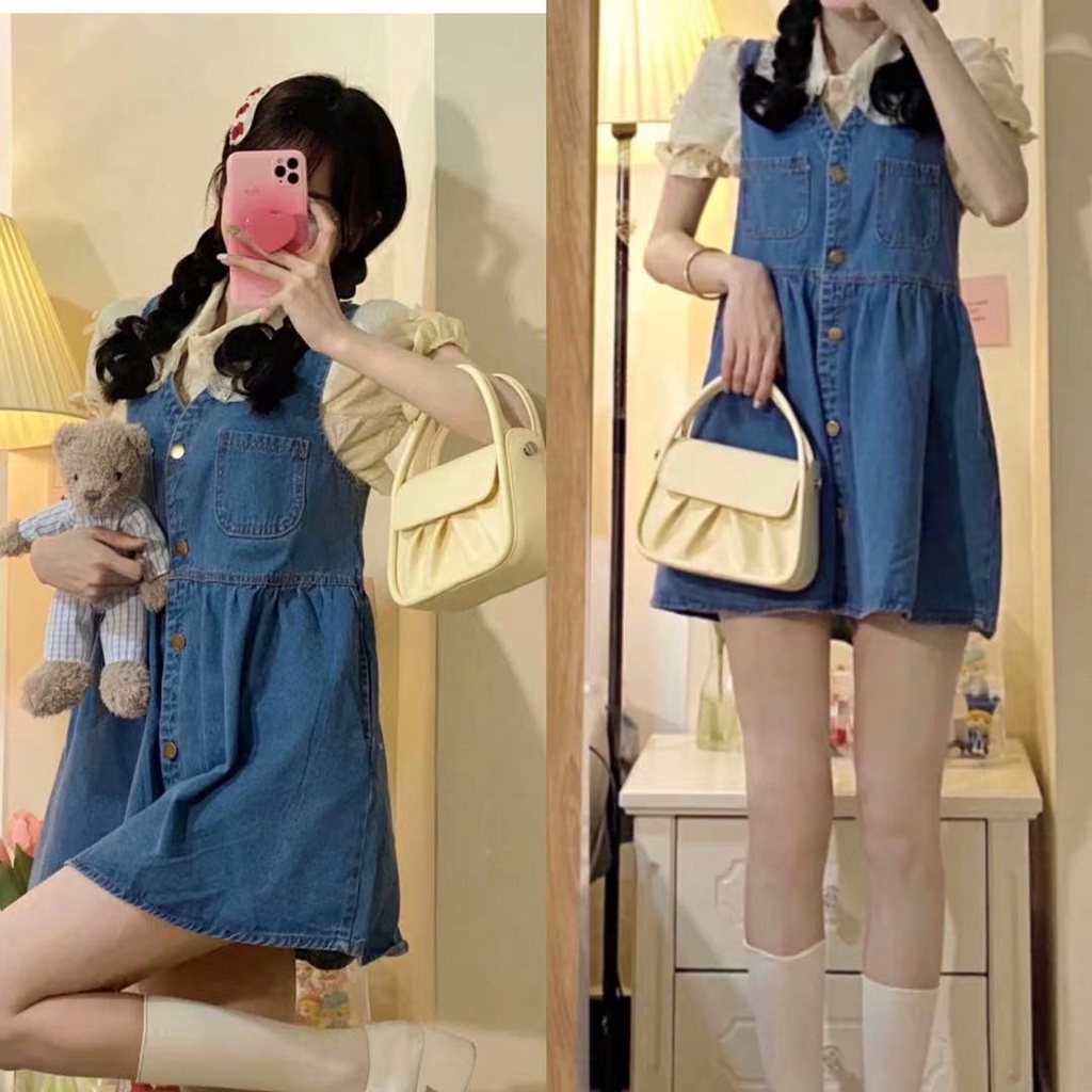 Bộ Áo Tay Phồng Cổ Búp Bê Phối Ren + Chân váy jean Sát Nách Đáng Yêu Cho Nữ