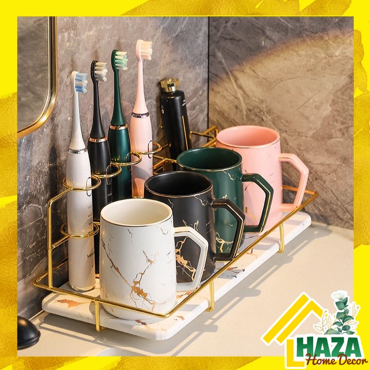 Giá Kệ kèm cốc sứ cắm bàn chải đánh răng, khay bùn tảo cát bay hơi nước trong 10 giây decor nhà tắm [Haza Home Decor]