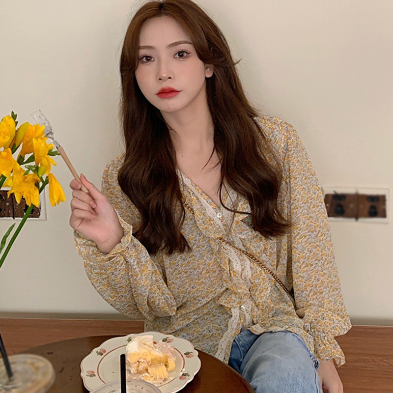 Áo Kiểu Chất Chiffon Tay Dài Phối Ren Hoa Thời Trang Mùa Hè Cho Phái Nữ