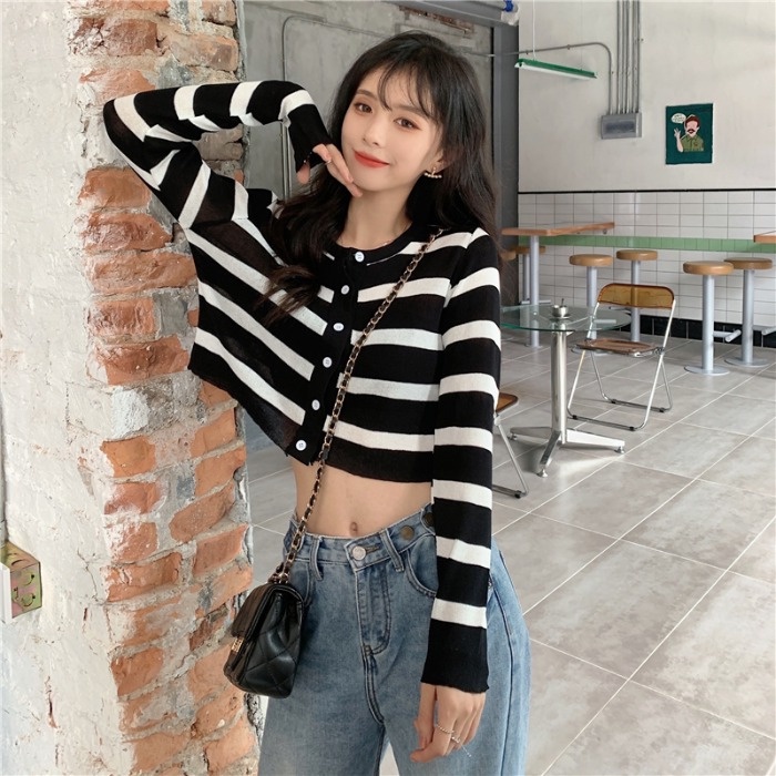 Set Áo Khoác Cardigan Dài Tay Và Đầm Hai Dây Họa Tiết Sọc Ngang Thời Trang Dành Cho Nữ
