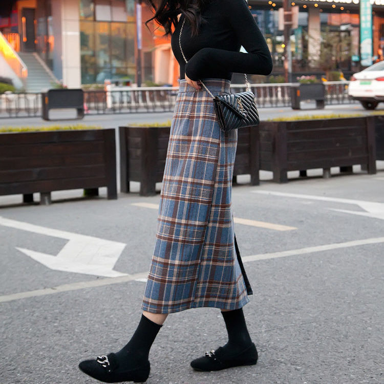 Chân Váy Dạ Korean Loose Mid-length Plaid Retro High Waist Split A-line Bag Hip Skirt Women