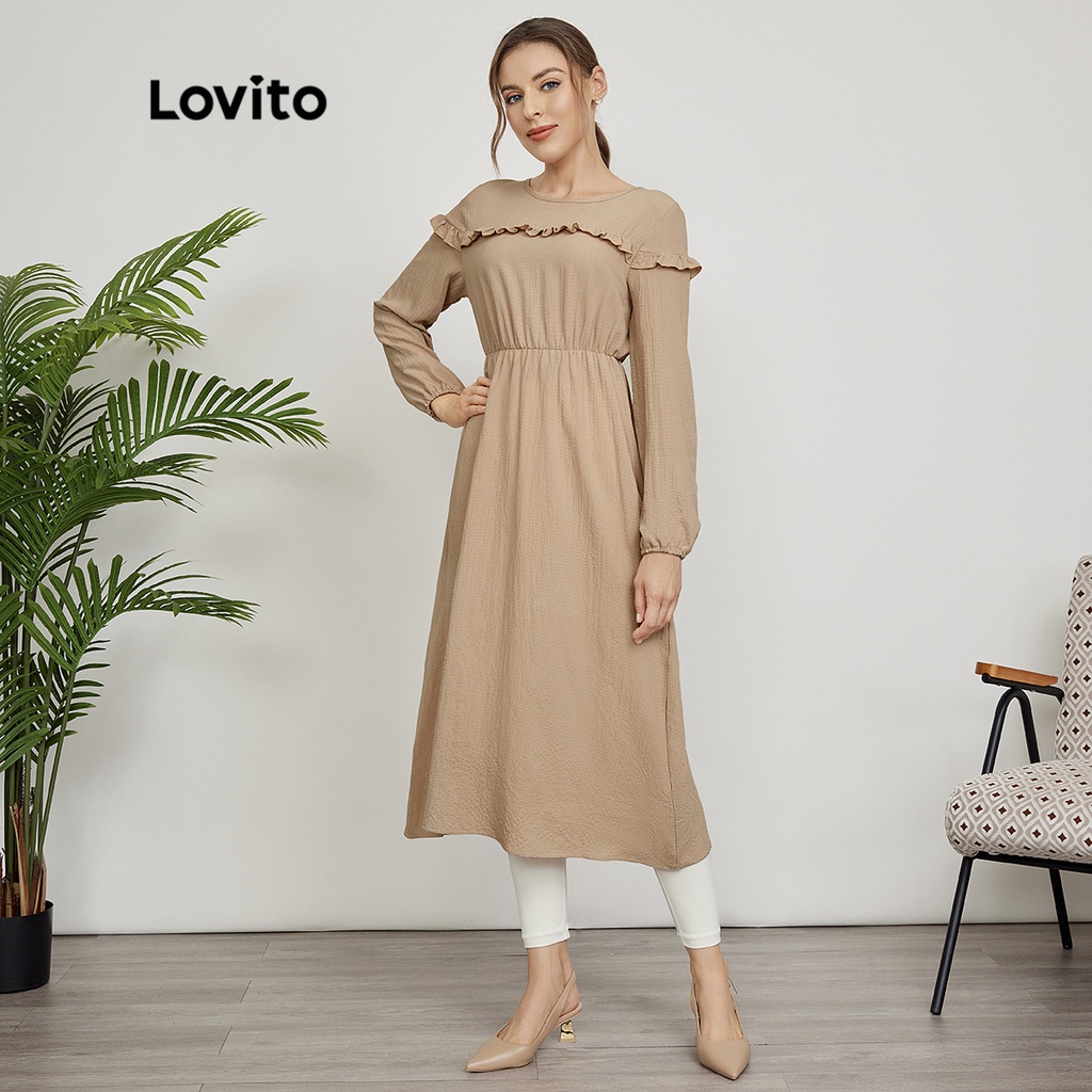 Lovito Đầm suông xếp nếp đơn giản L24ED114 (Kaki)