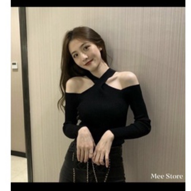 Áo sweater trễ vai thiết kế dây đan chéo quyến rũ cho nữ vkv