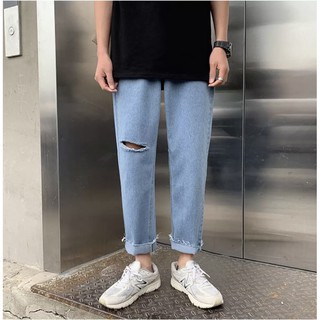 Quần jean baggy xanh nam, nữ ống rộng rách gấu, dáng suông, không phai màu-R01