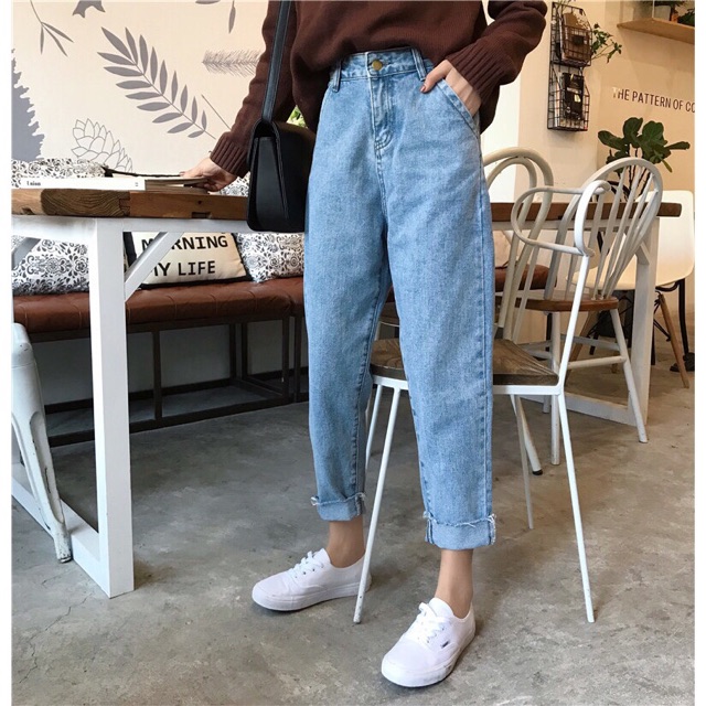 Quần baggy jeans lưng cao ống tua trơn ulzzang kèm ảnh thật