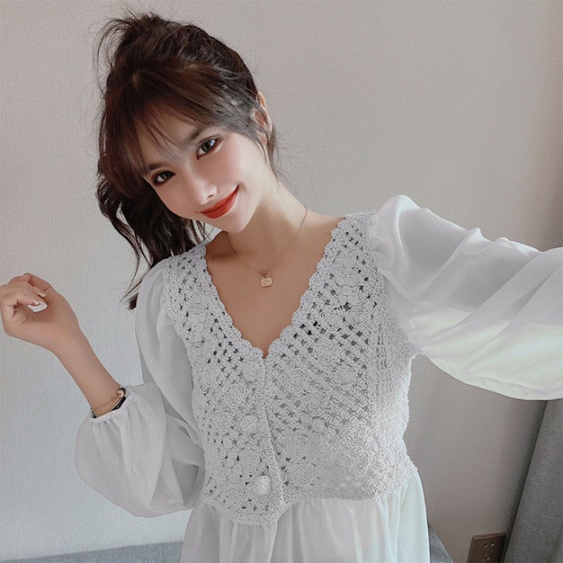 Áo Peplum Dệt Kim Tay Dài Phồng Cổ Chữ V Phối Bèo Thời Trang Cho Nữ