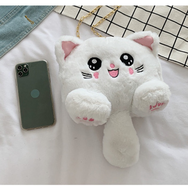 Túi đeo chéo bằng nhung mềm mại hình mèo xinh xắn cho bé gái và các bạn nữ dễ thương A1611