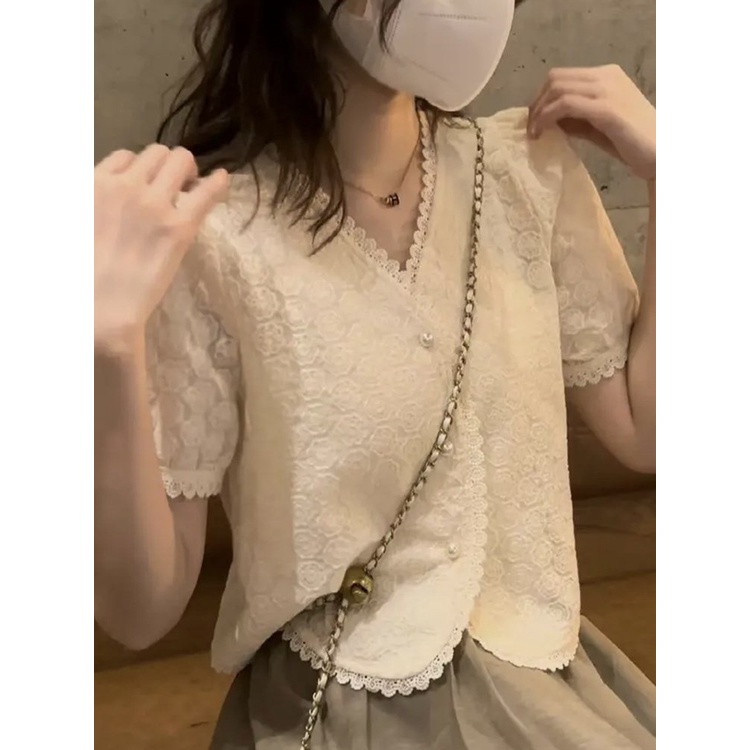 Hàng Châu Âu Cao Cấp Áo Cardigan Ngắn Tay Phối Ren Hoa Dây Xích Thời Trang Mùa Hè  Thiết Kế Mới Dành
