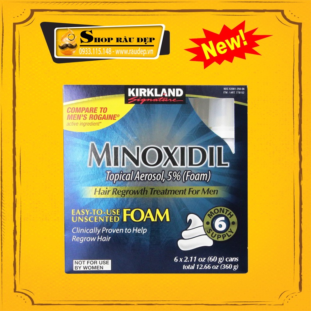 Minoxidil 5% Dạng Bọt Mọc Râu Tóc Kirkland Mỹ KHÔNG DỊ ỨNG DA (1 hộp 6 lọ)