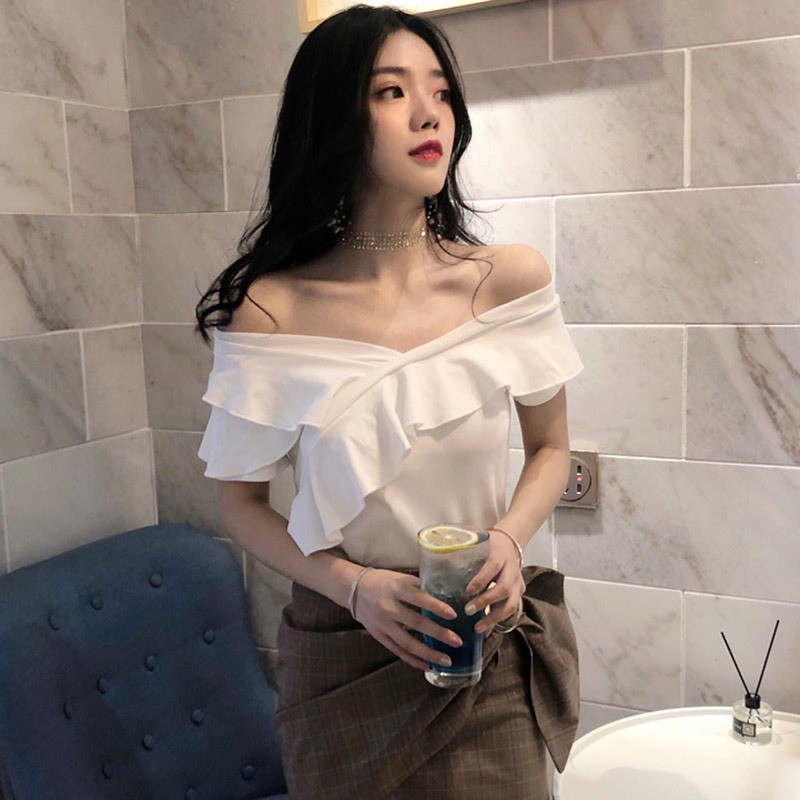 FREESHIP ĐƠN 99K_ Women's Slash Neck Solid Short Sleeve Slim Ruffles T-Shirt