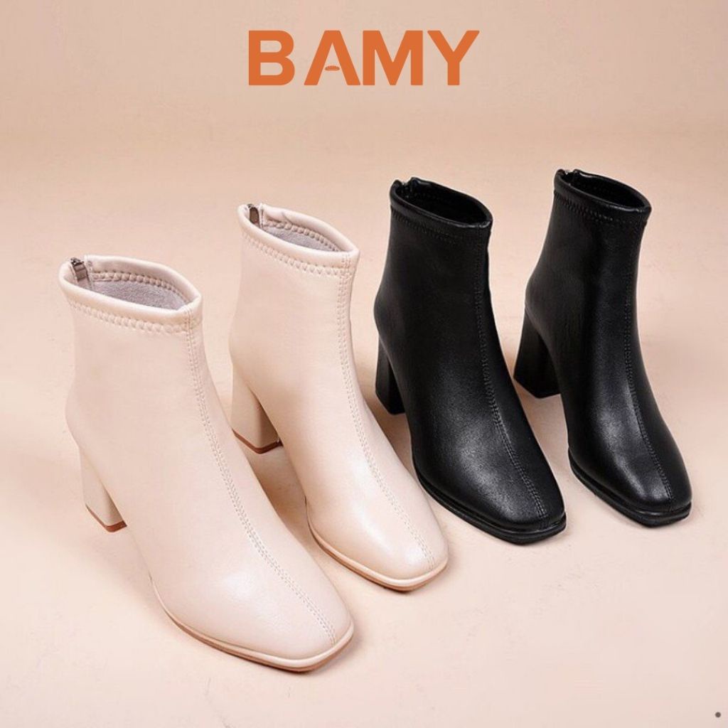 Bốt nữ da mềm Cao Cấp cổ cao khóa sau BAMY , giày boots ulzzang mũi vuông gót vuông 5 phân