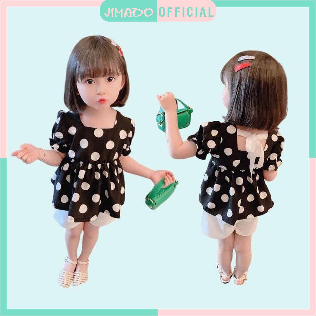 Đồ bộ trẻ em cho bé gái set áo chấm bi buộc dây lưng mix quần sooc xinh xắn điệu đà JIMADO AB9056