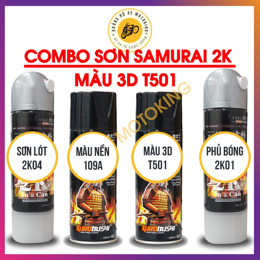 Combo Sơn Samurai 3D màu Tím than T501****  loại 2K chuẩn quy trình độ bền 5 năm gồm 4 chai 2K04 - 109A - T501- 2K01