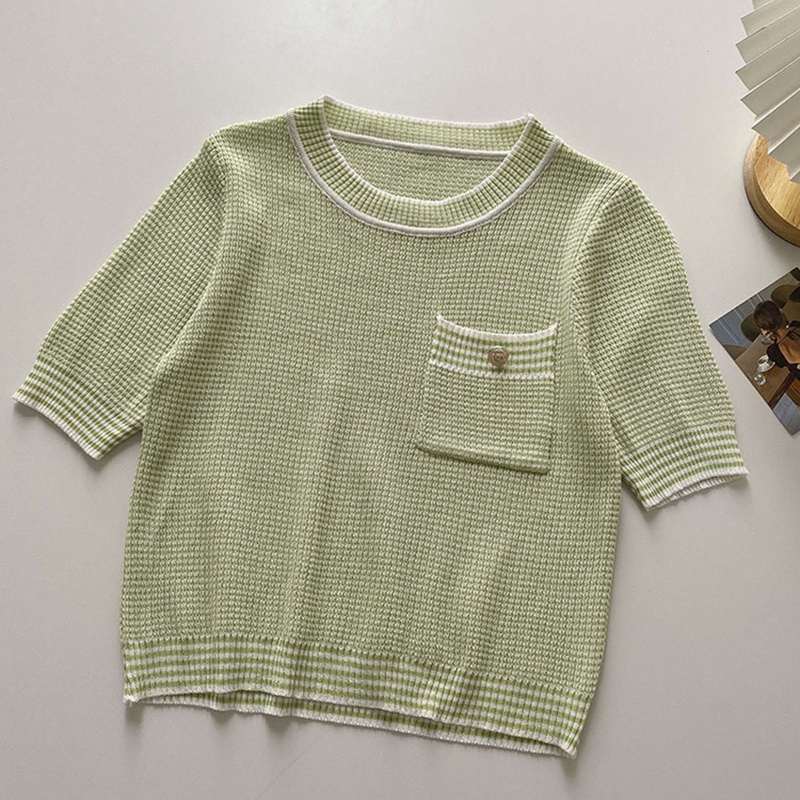 Áo Croptop Dệt Kim Mỏng Tay Ngắn Cổ Tròn Dáng Rộng Màu Trơn Phối Túi Họa Tiết Kẻ Sọc Màu Sắc Ngọt Ngào Thời Trang Cho Nữ