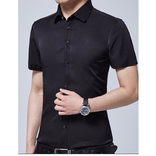 Áo sơ mi nam ngắn tay màu đen vải chống nhăn