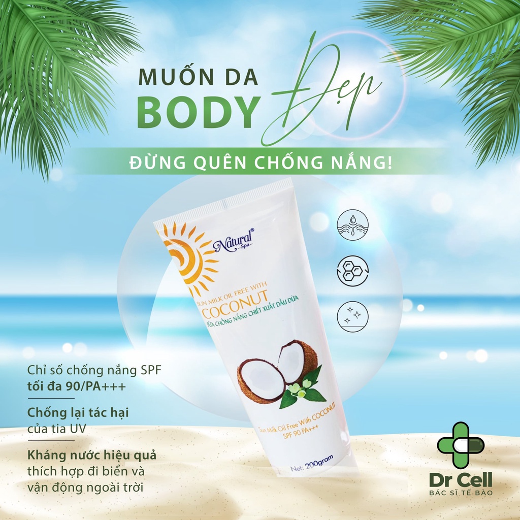 Mua 1 tặng 1- Tặng màng ủ men bia -Tuýp dùng thử  100ml Kem chống nắng body dừa SPF 50+ Dr cell